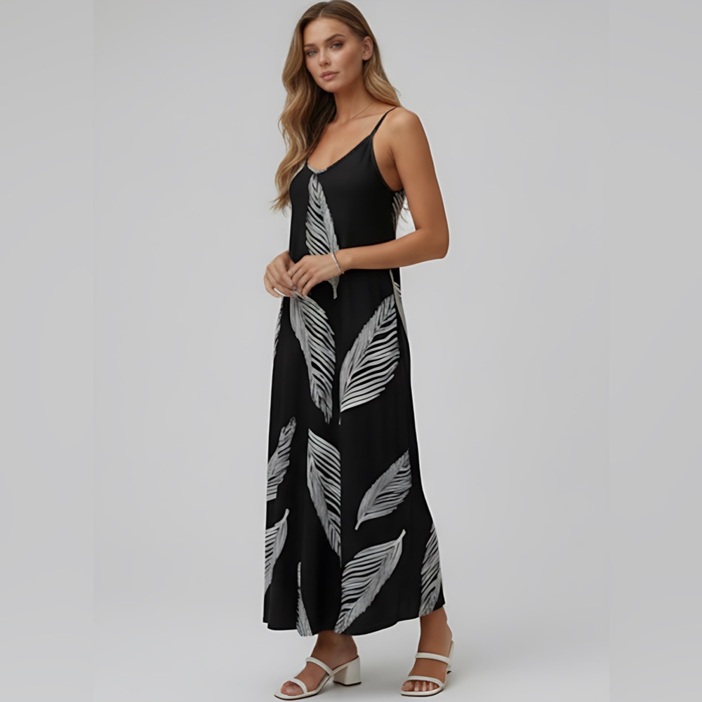 Boho Leaf Print Sleeveless Maxi Dress Black - Picture 6 of 9